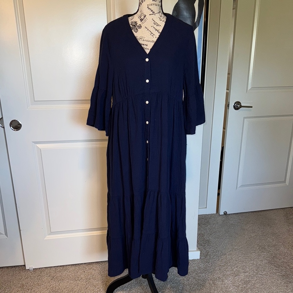 Caslon blue button down front babydoll dress Elegant Navy Blue Maxi Dress